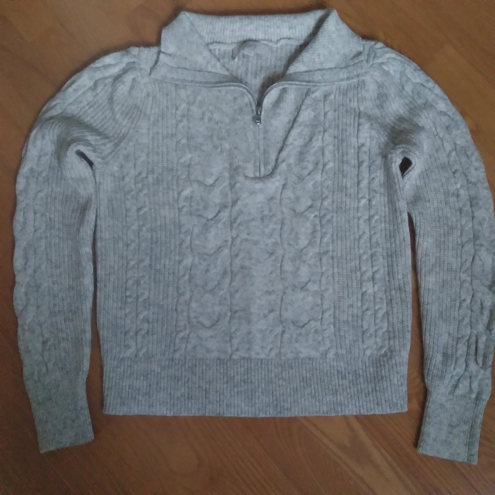 LOFT Light Gray Cozy 1/4 Quarter‎ Zip Slightly Cropped Cable Knit Sweater